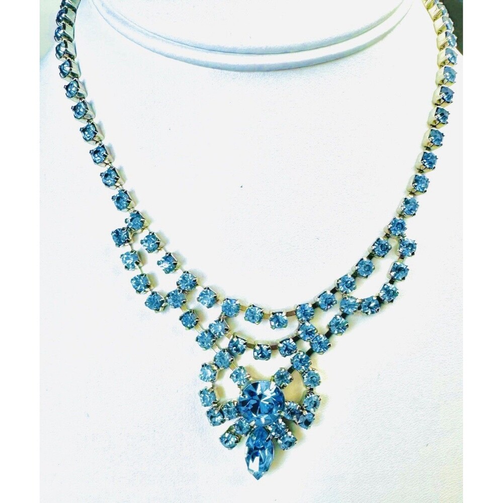 Vintage Blue Rhinestone Statement Bib Necklace Silver Tone Art Deco Style 14”
